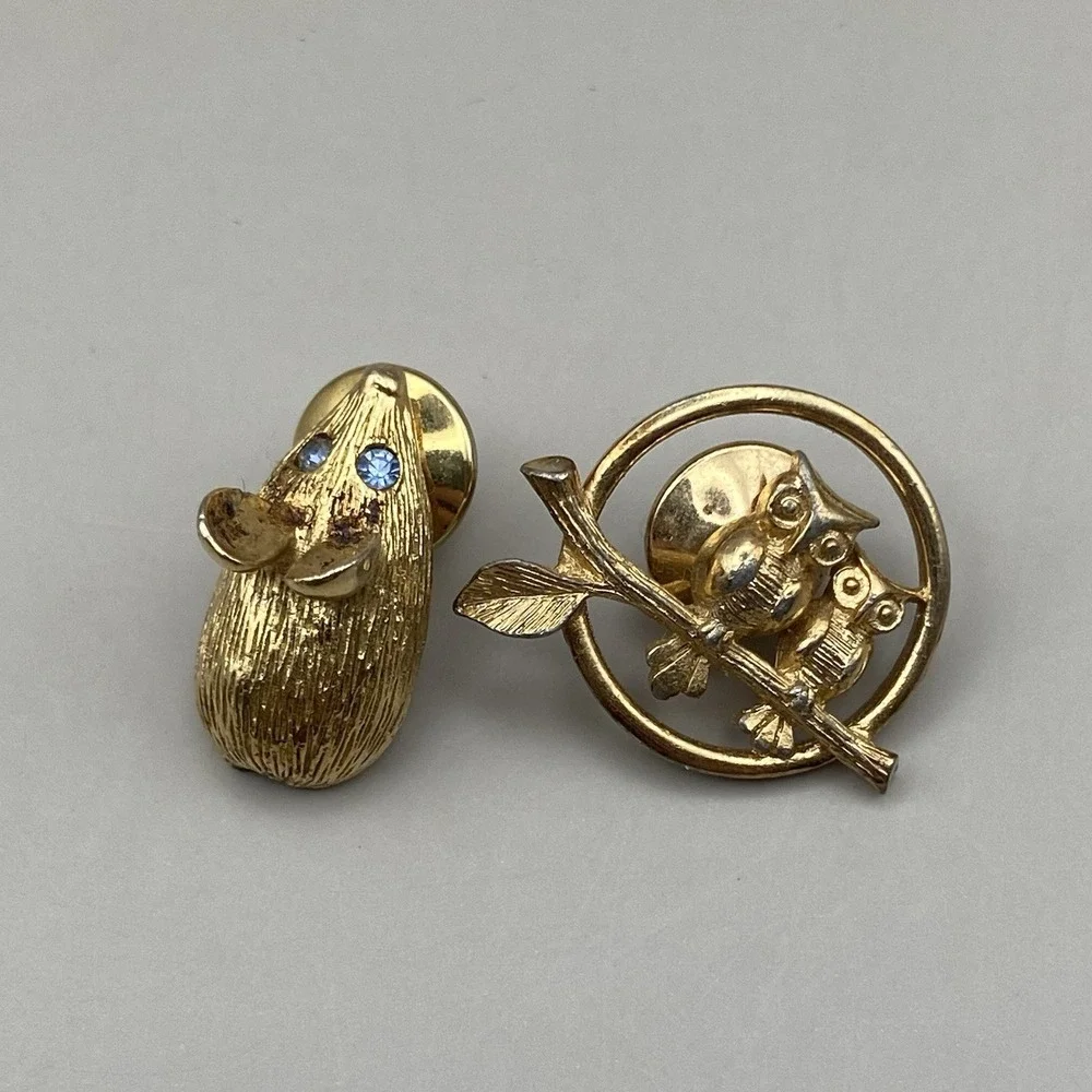 Lot of 2 Vintage Avon Animal Pins Brooches Owls + Mouse Gold‎ Tone Rhinestone